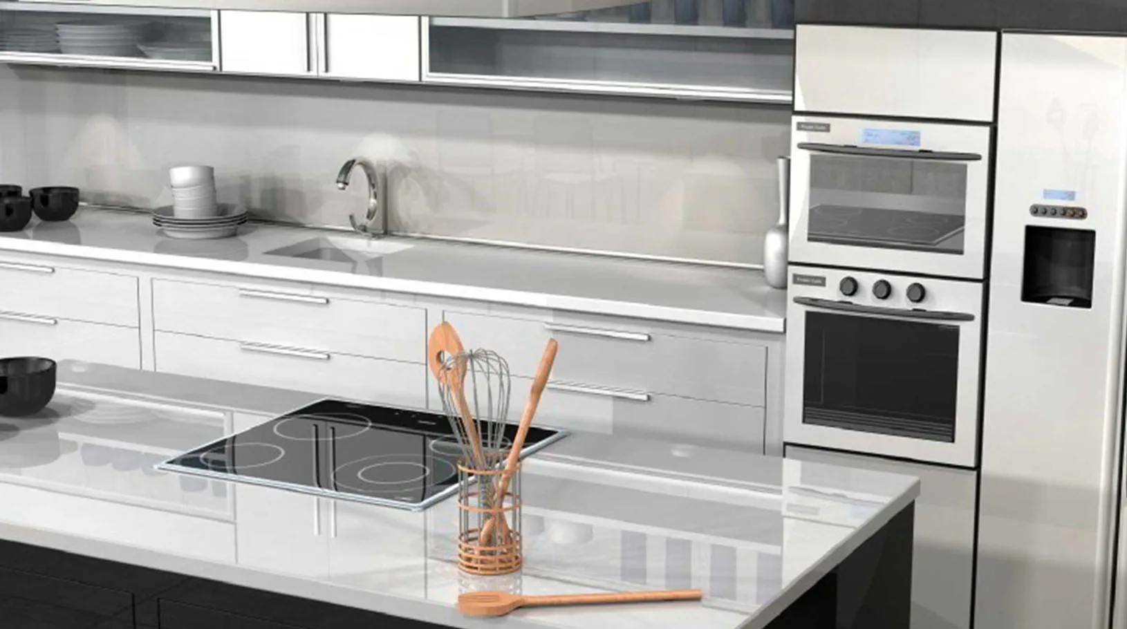 Cocina blanca con placa de inducción, hornos en columna y frigorífico de acero